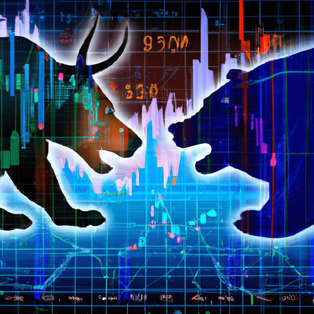 A bull and a bear facing off on a stock market graph, surrounded by economic indicators and technological symbols.