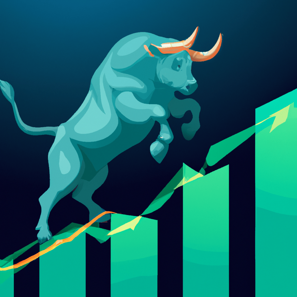 A bull charging forward amidst a rising stock graph.