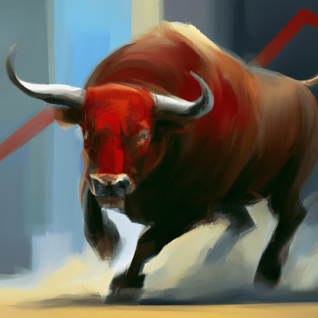 A bull charging through a stock market.