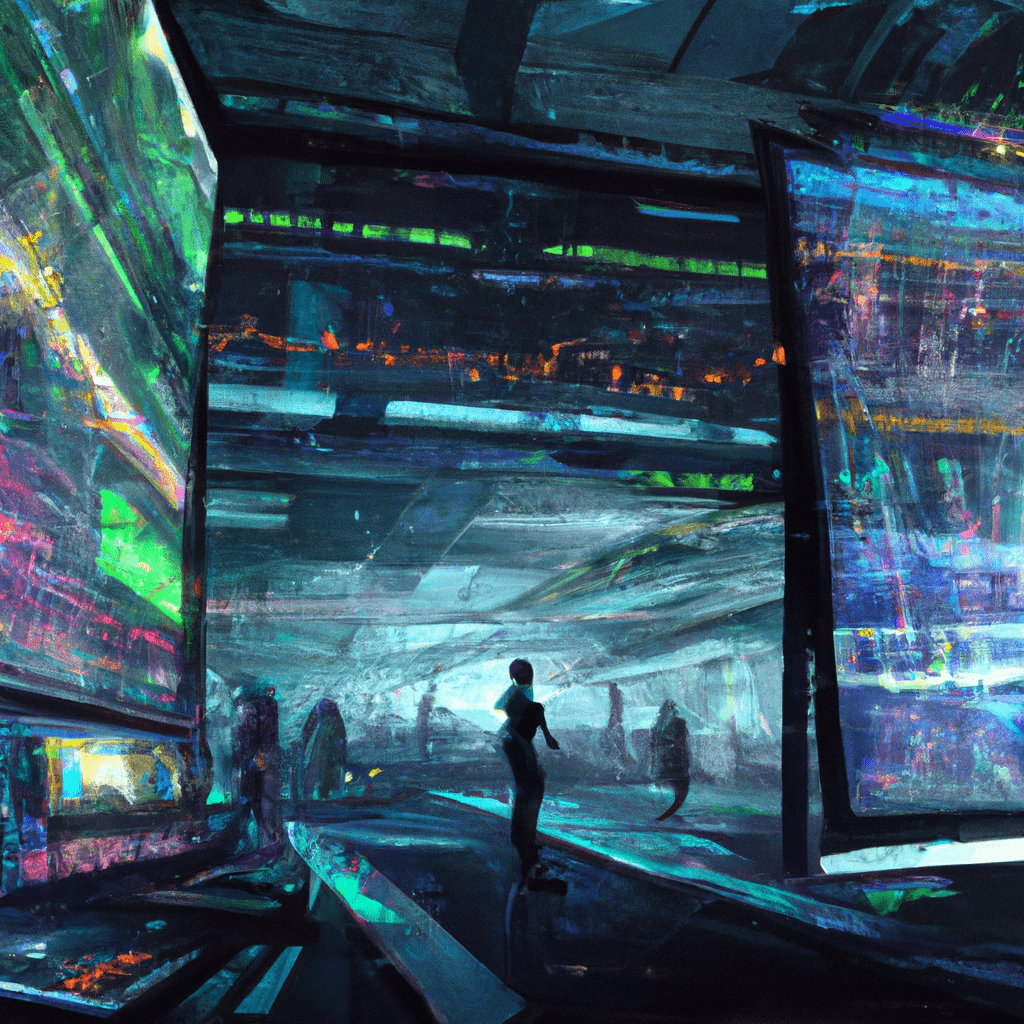 A bustling futuristic trading floor scene.