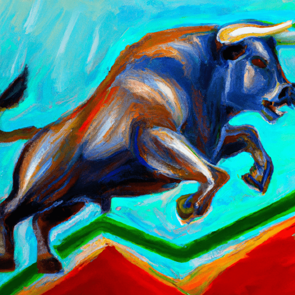A colorful bull charging through a stock market graph.
