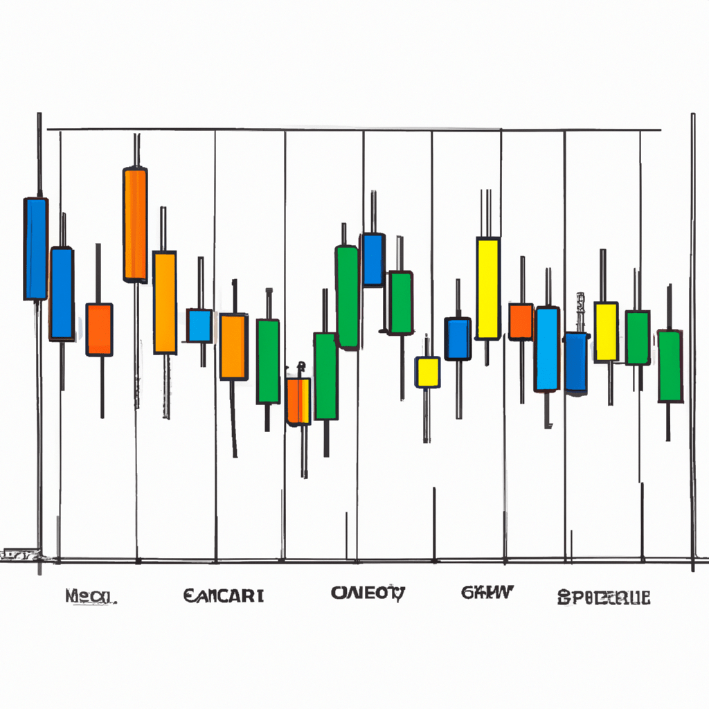 A colorful candlestick chart showing currency fluctuations.