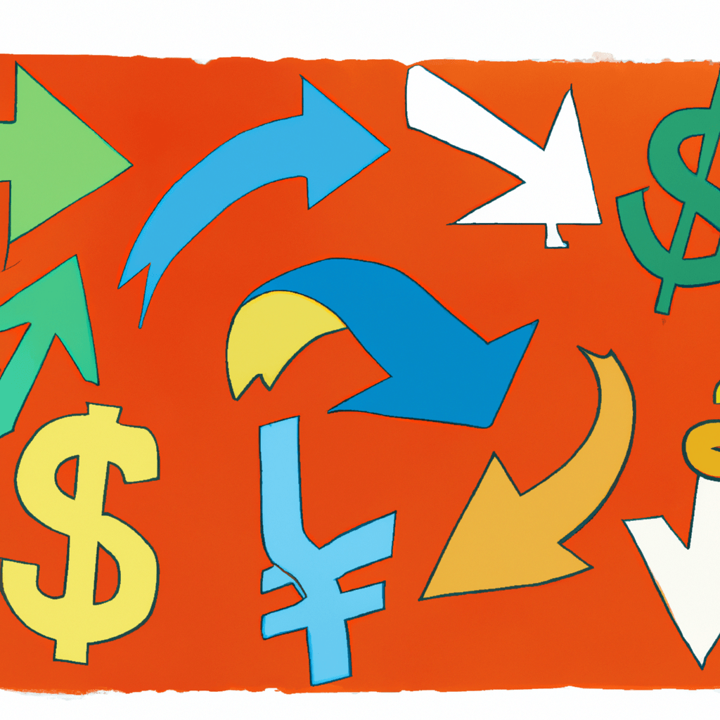 A colorful collage of various international currency symbols, with arrows indicating fluctuations in exchange rates.