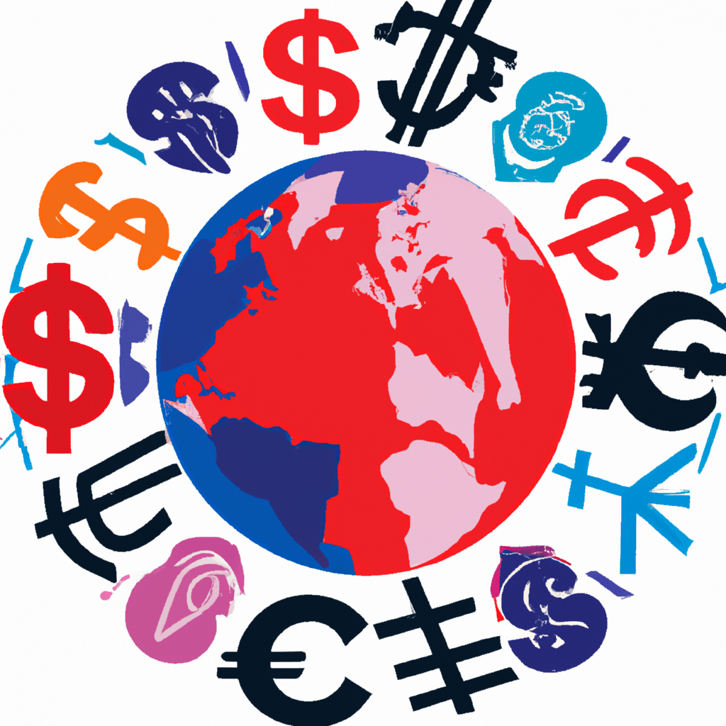 A colorful globe surrounded by currency symbols.