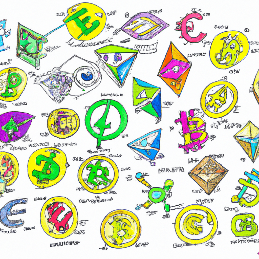 A colorful graphic depicting various cryptocurrencies.