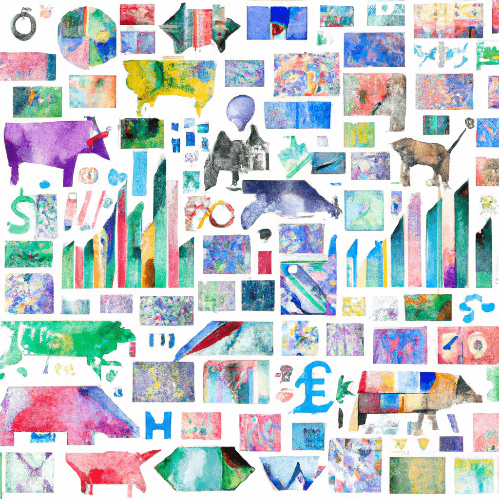 A colorful mosaic of stock market symbols representing various sectors and industries.
