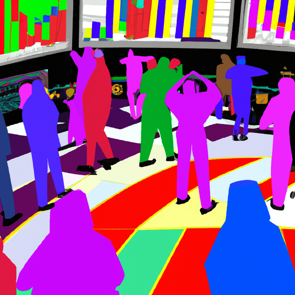 A colorful trading floor with traders.