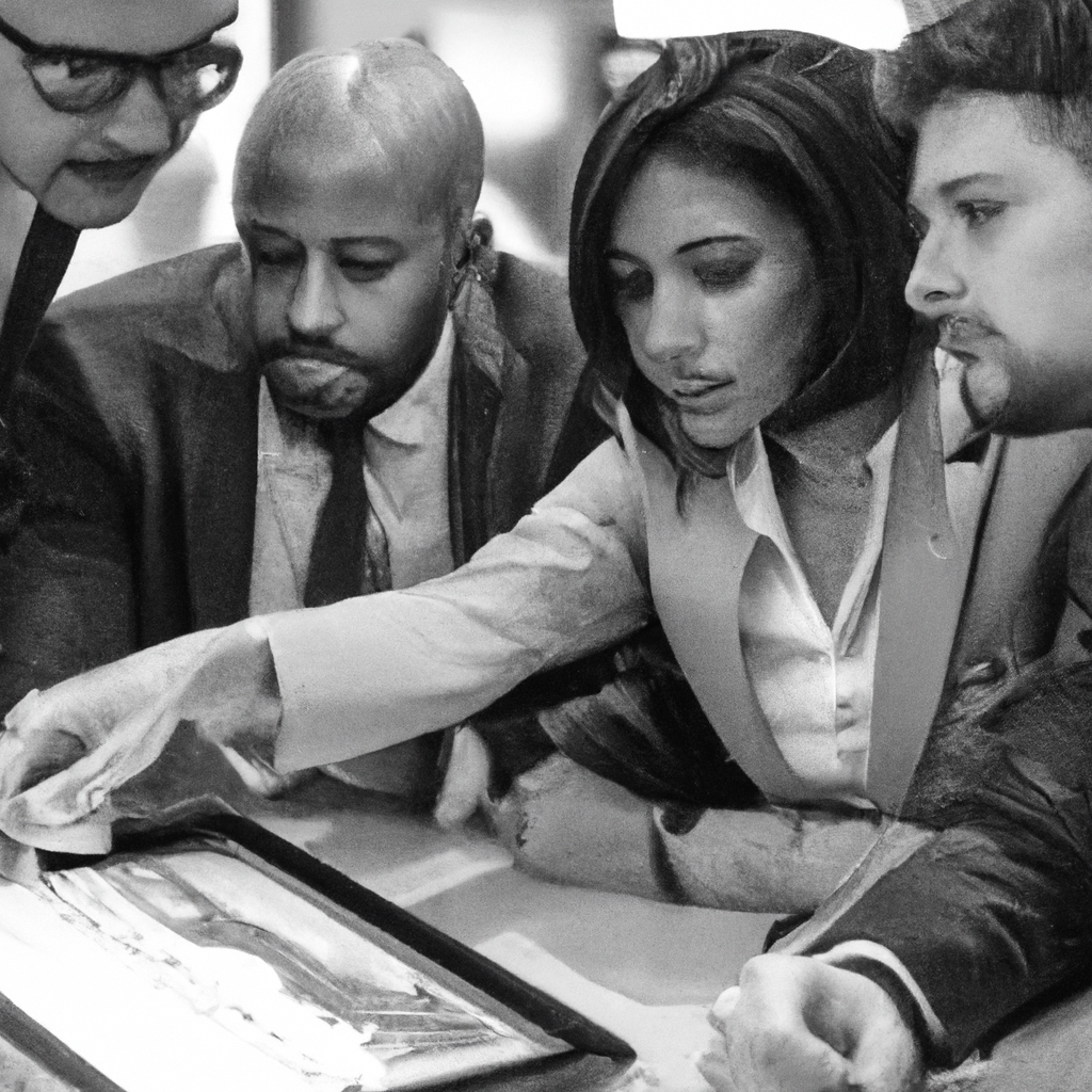 A diverse group of investors analyzing stock market trends and making investment decisions.