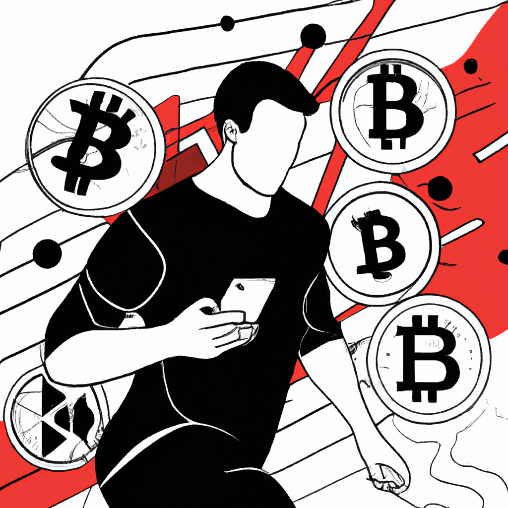 A dynamic image of a person surrounded by cryptocurrency symbols, charts, and a smartphone, representing the fast-paced and accessible nature of crypto trading.