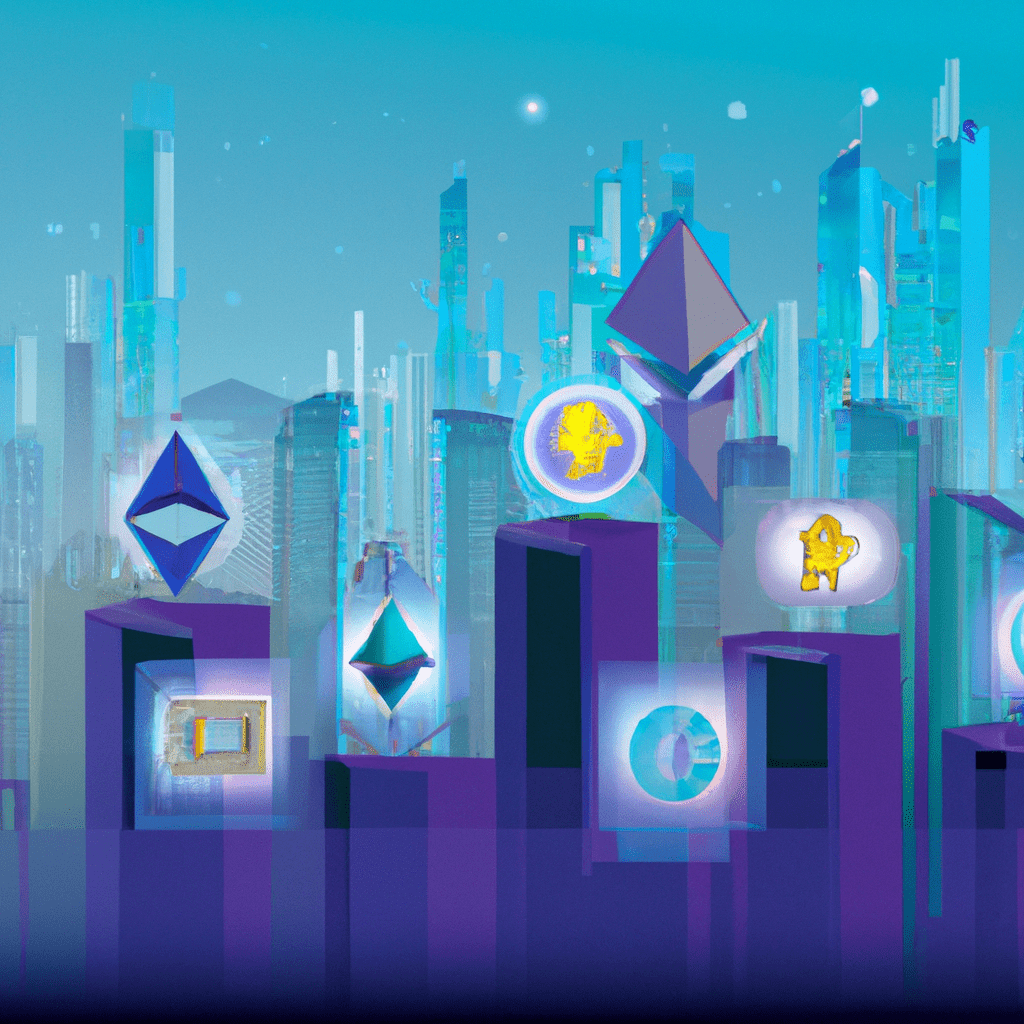 A futuristic cityscape with various cryptocurrency symbols and trading charts displayed on holographic screens.