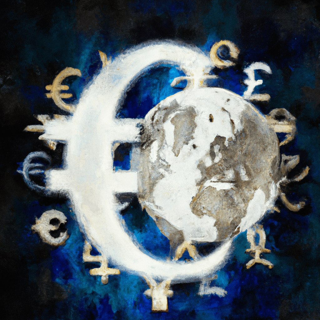 A globe surrounded by currency symbols.