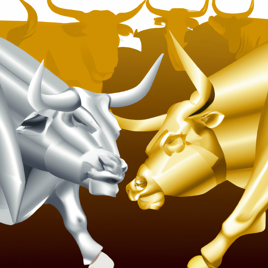 A golden bull and a silver bull standing side by side in a vibrant and bustling trading market.