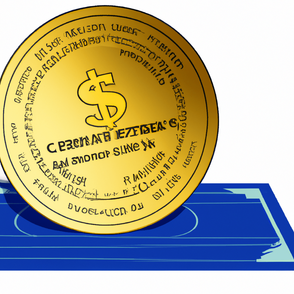 A golden coin resting on a solid blue-chip stock certificate, symbolizing stability and wealth in investing.