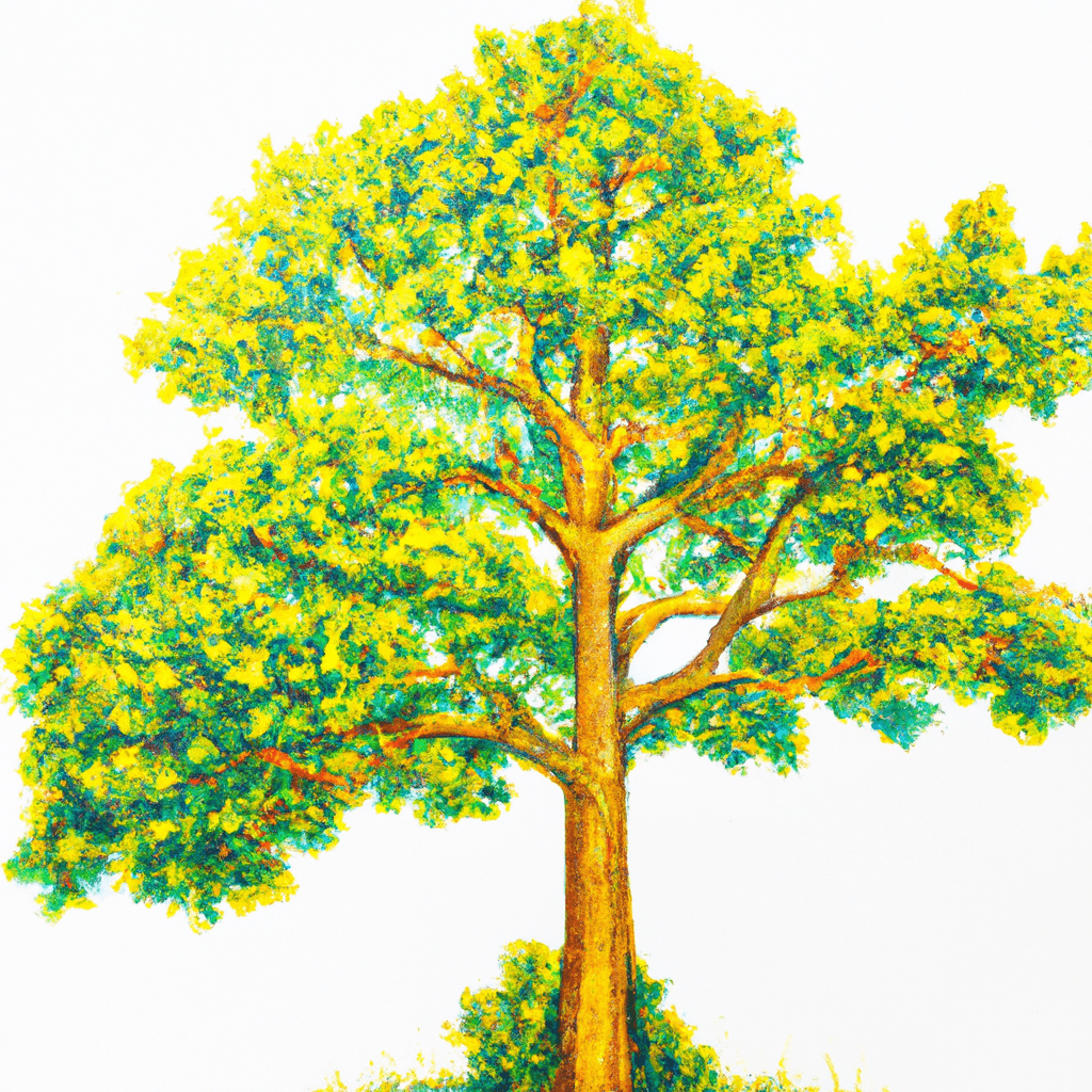 A golden oak tree with a sturdy trunk and lush green leaves symbolizing the stability and growth potential of blue-chip stocks.