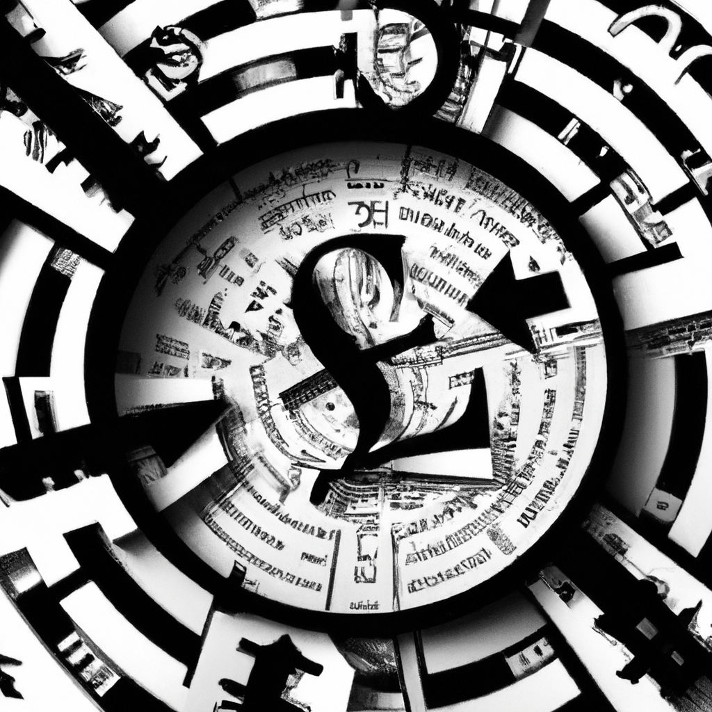 A graphic depicting a compass navigating through a maze of currency symbols, representing the use of FX signals to navigate the complex foreign exchange market.