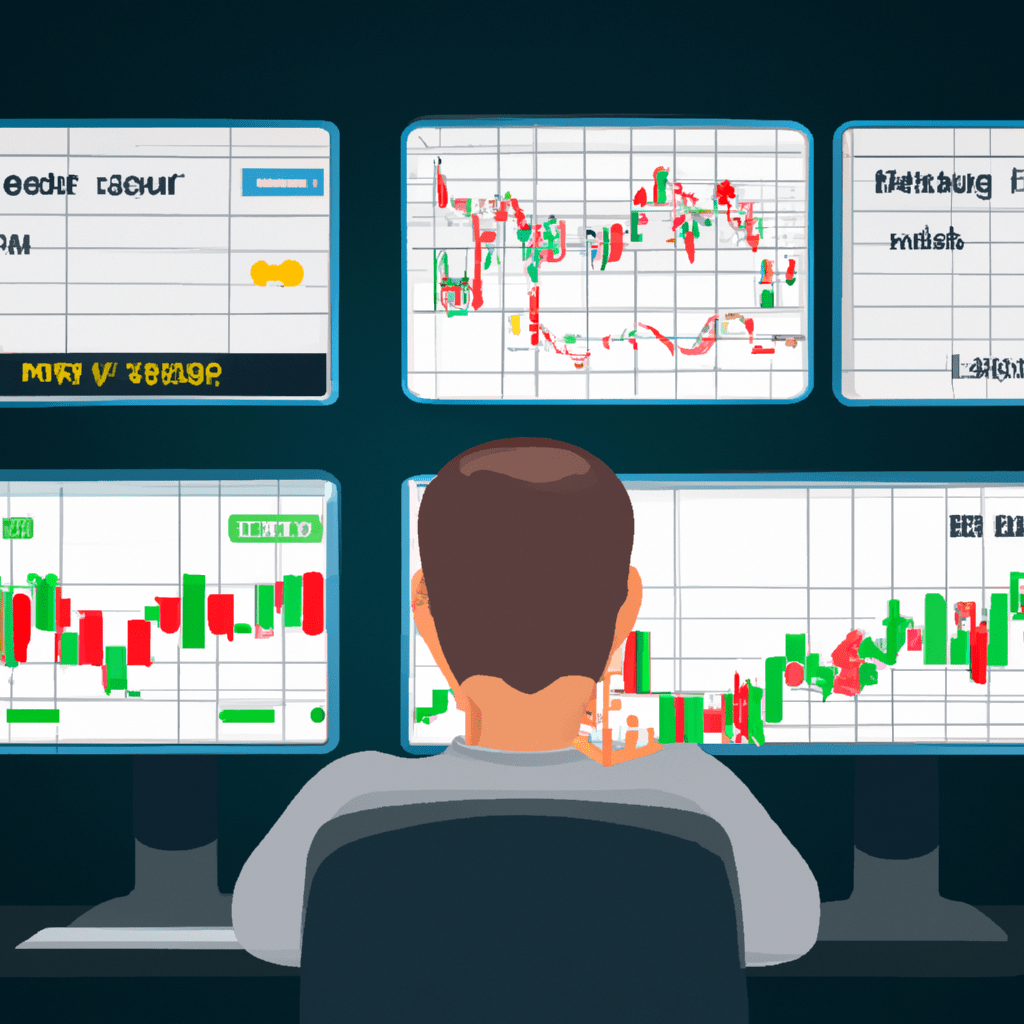 A graphic showing a trader analyzing forex signals on multiple screens.
