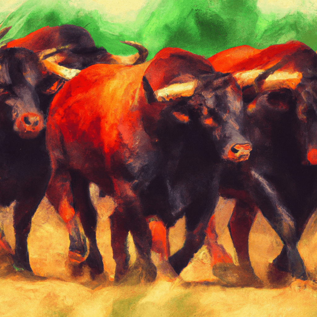 A group of bulls charging forward.