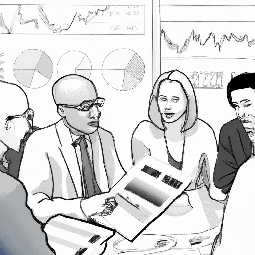 A group of diverse people surrounded by stock charts and graphs, studying and discussing their investments.