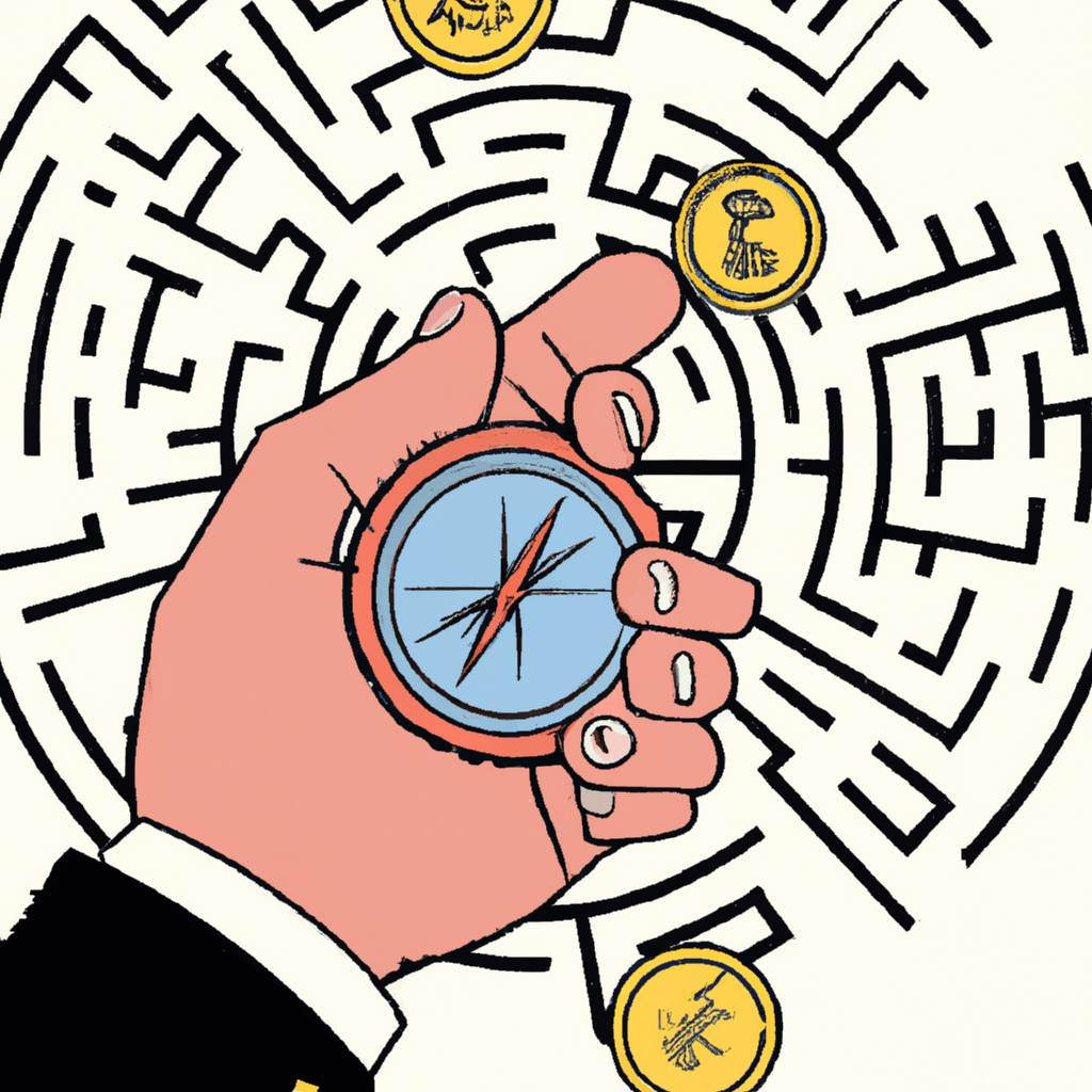 A hand holding a compass navigating a maze of currency symbols.