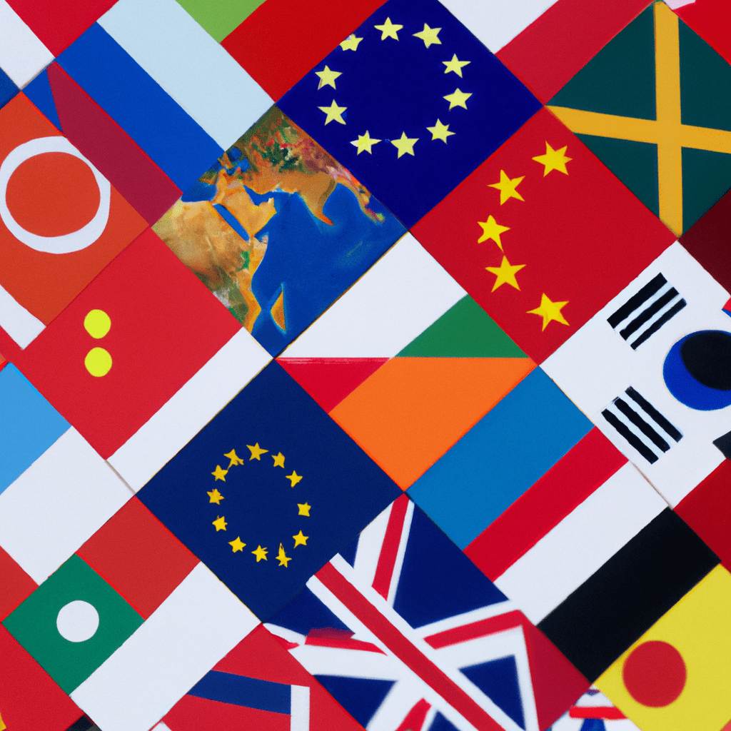 A mosaic of world flags representing global stock markets.