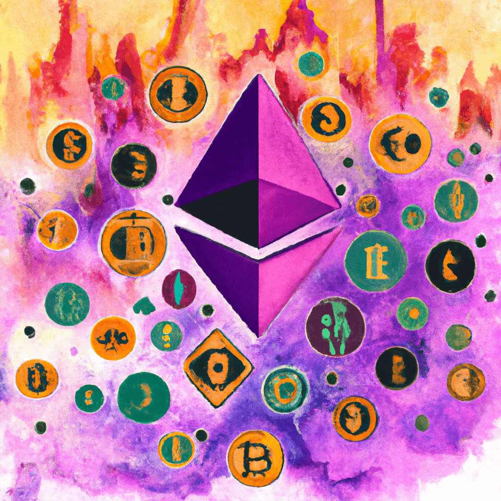 A multi-colored digital landscape with Bitcoin and Ethereum logos surrounded by various altcoin symbols.