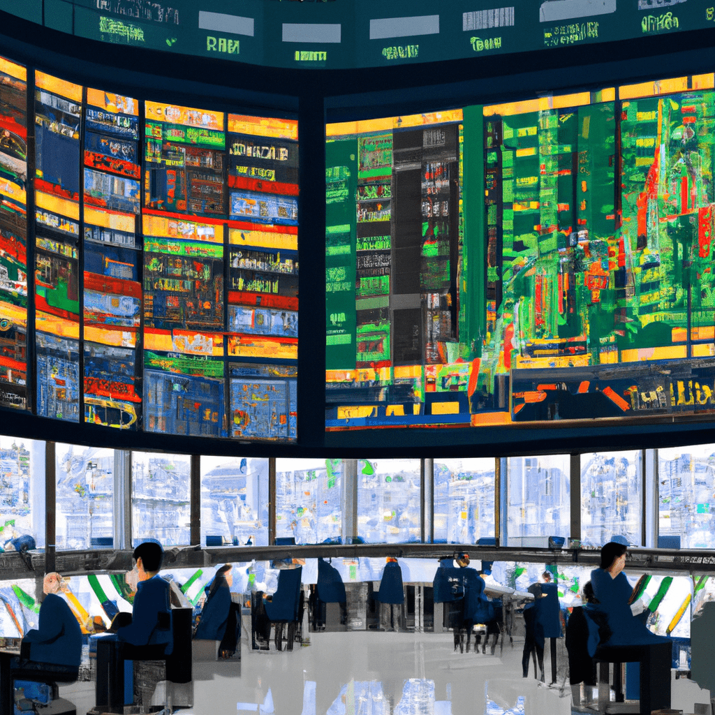 A panoramic view of a bustling stock exchange floor with traders and screens displaying stock market indexes from around the world.