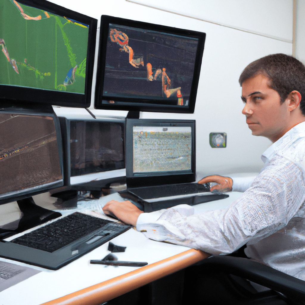 A person analyzing forex charts and data on multiple computer screens.