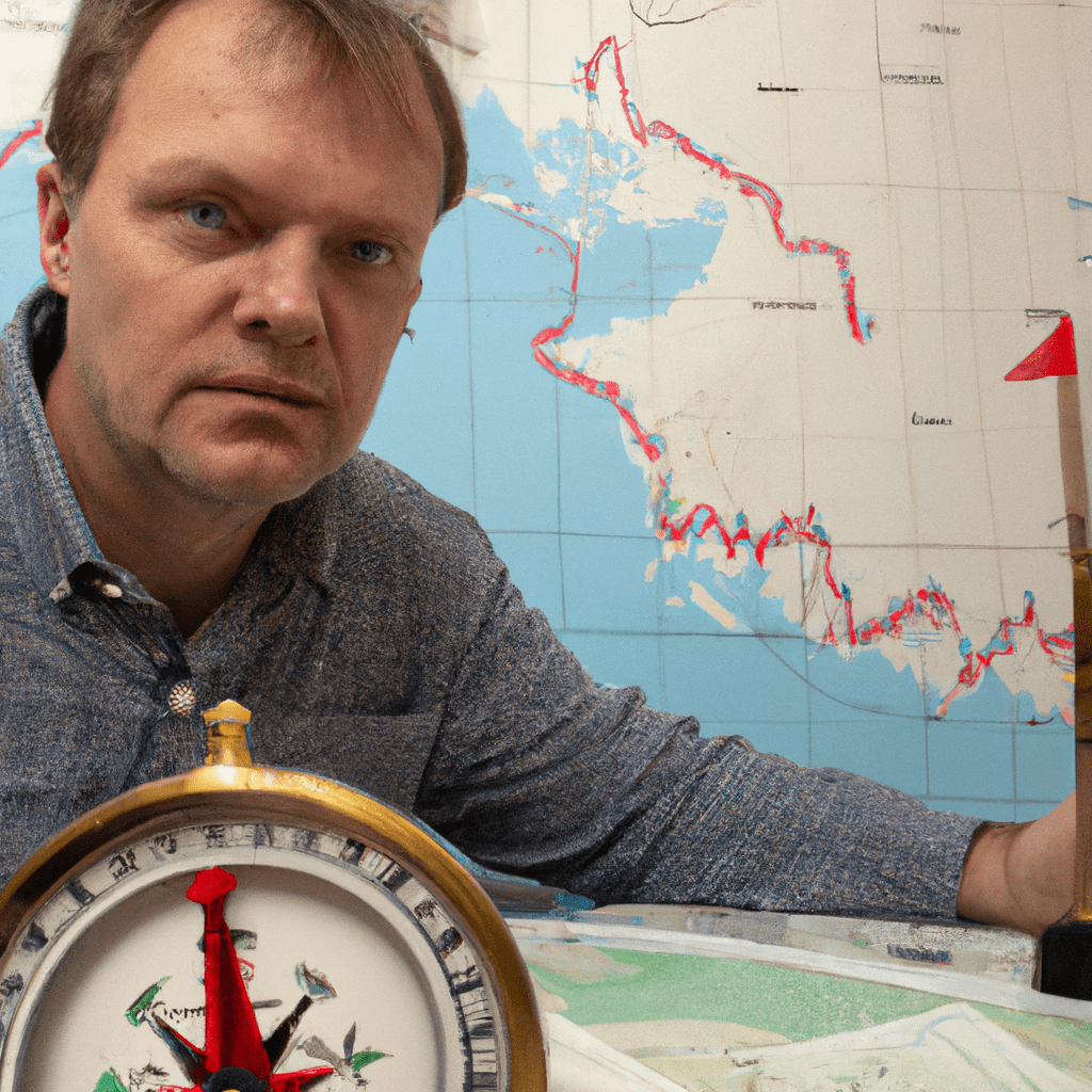 A person confidently sailing through a rising stock market with a compass and a map.