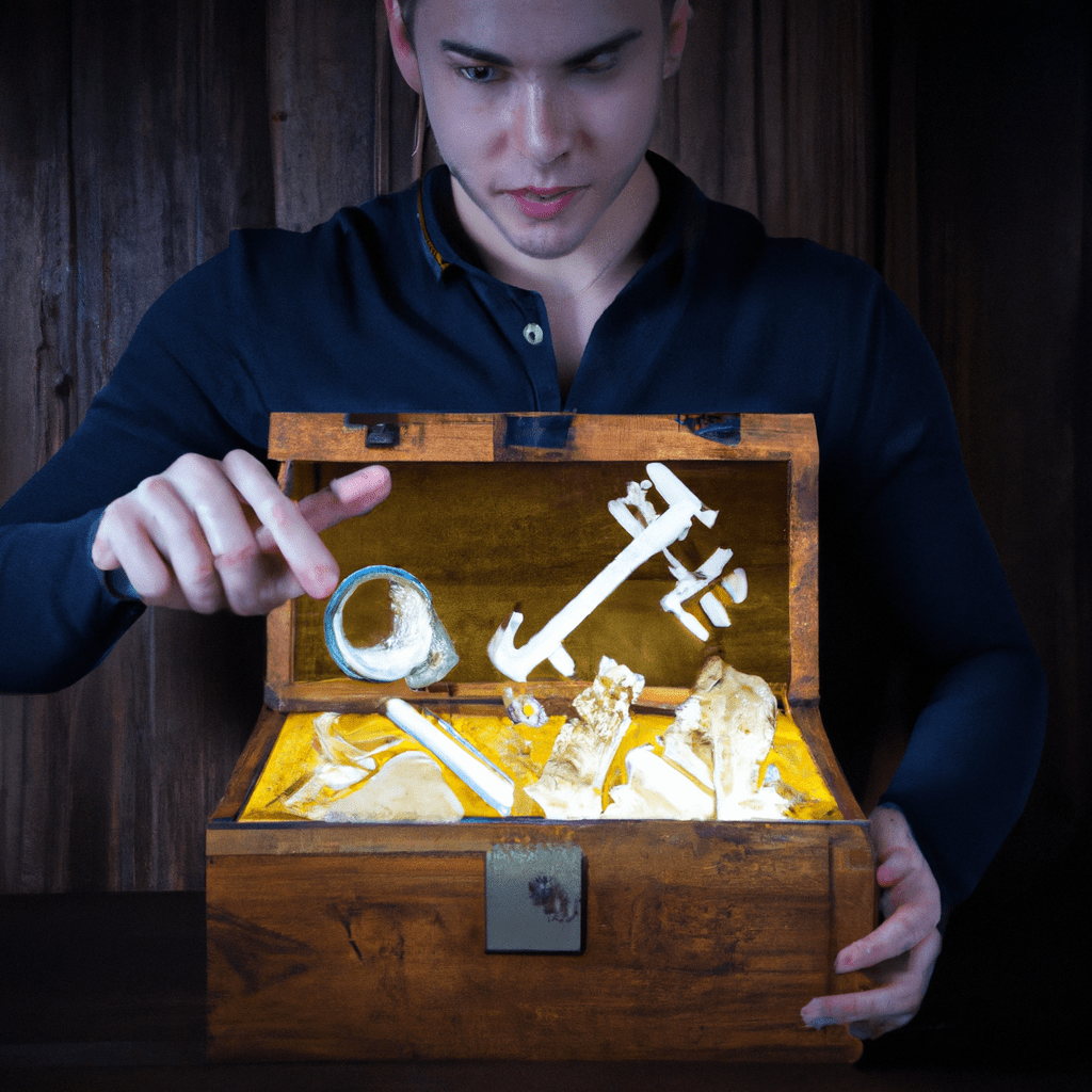 A person holding a golden key unlocking a treasure chest filled with money and forex symbols.