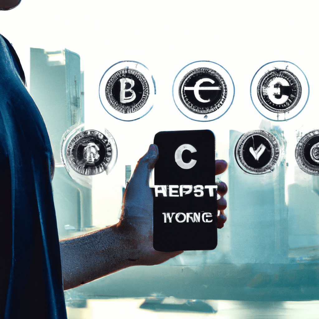 A person holding a smartphone displaying various cryptocurrency logos and charts with a backdrop of a futuristic city skyline.