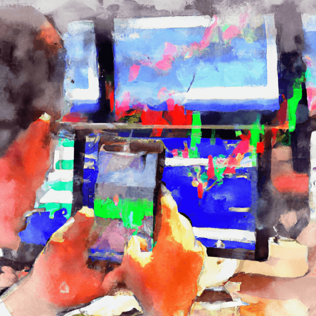 A person holding a smartphone receiving forex signals on a bustling trading floor.