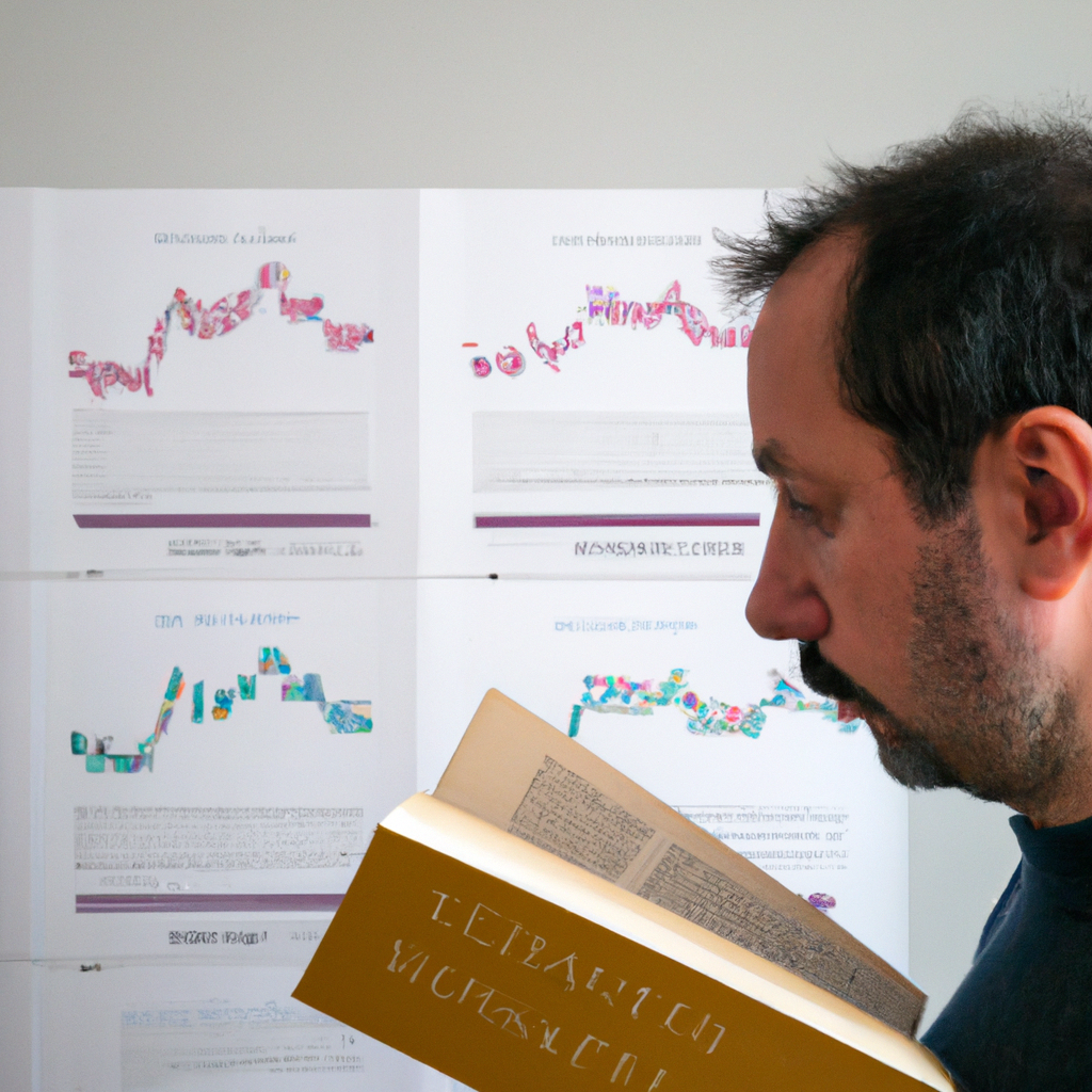 A person reading a book about financial derivatives and futures contracts with various charts and graphs displayed on a wall.