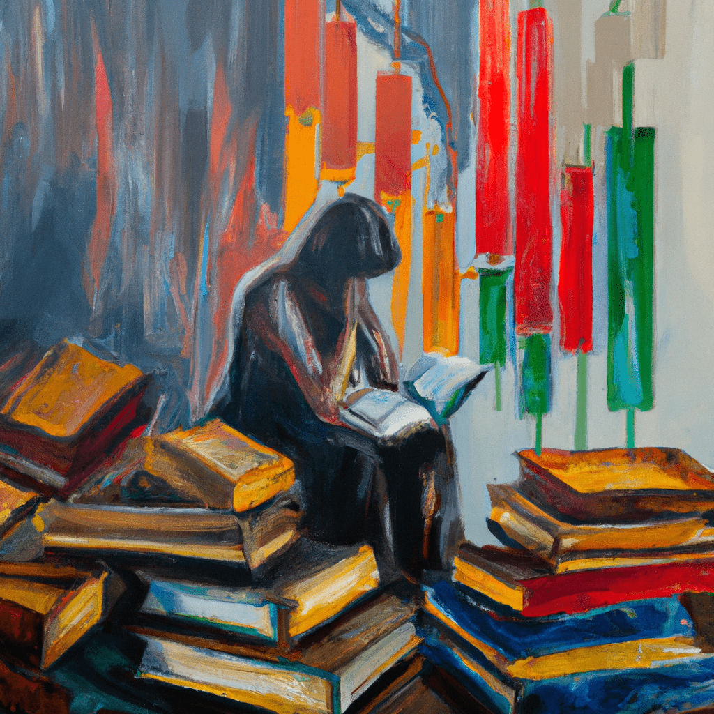 A person reading a book about futures and options trading, surrounded by stacks of books and charts.