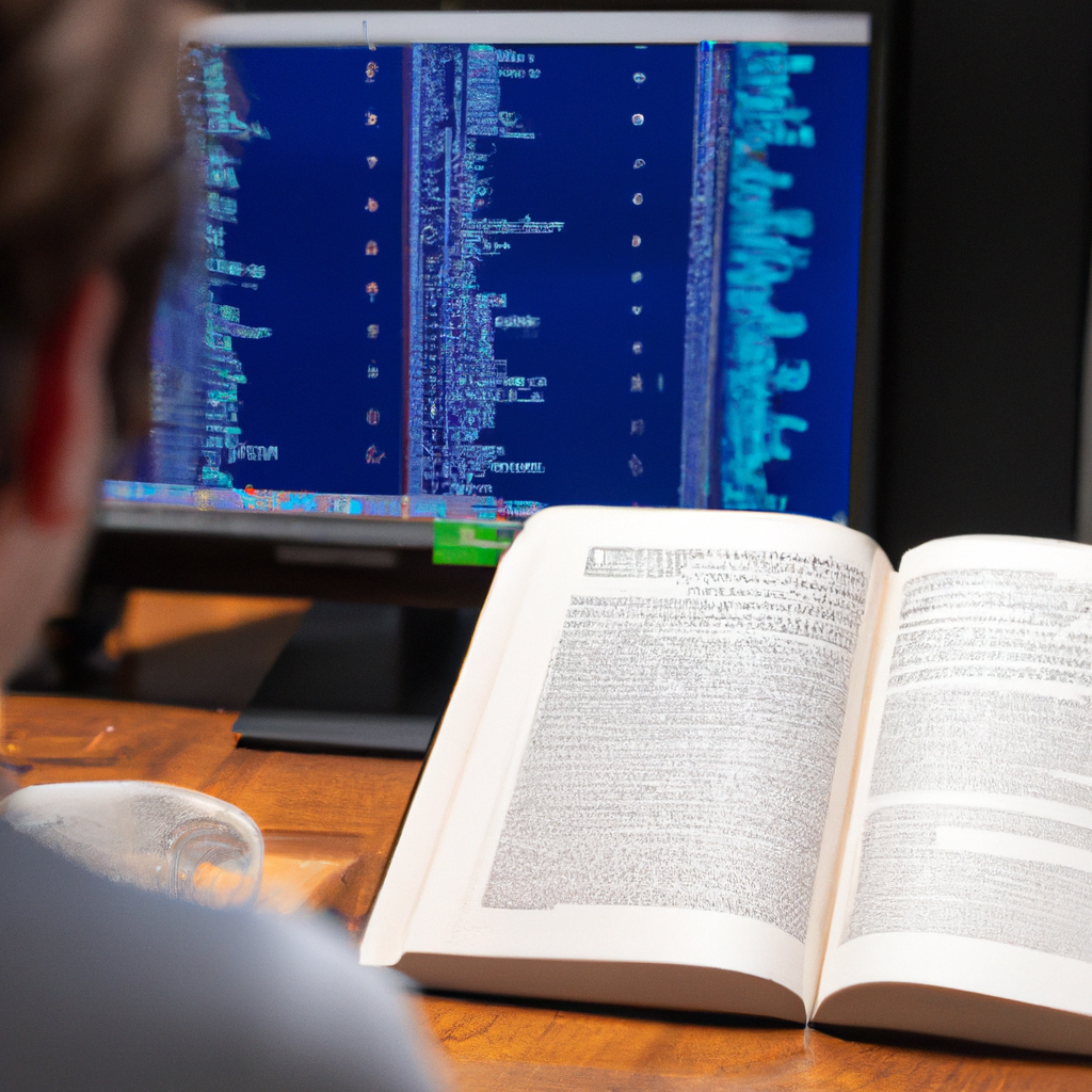 A person reading a book on futures trading while sitting at a computer with a trading platform open.