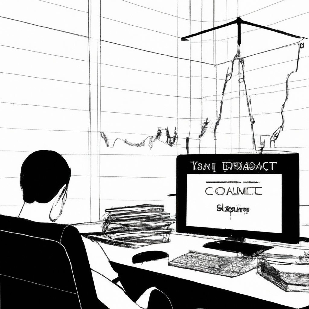 A person sitting at a computer, surrounded by books and charts, with a futures contract trading platform on the screen.