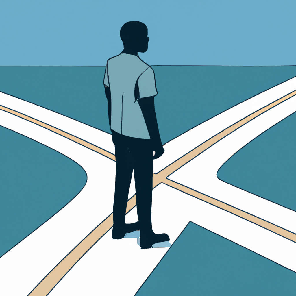 A person standing at a crossroad with different paths representing the different strategies for futures options trading.