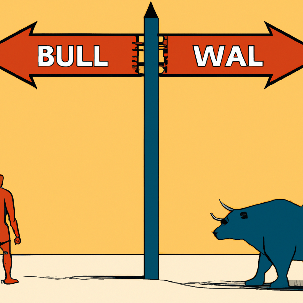 A person standing at a crossroads with one path leading to a bull market and the other to a bear market.