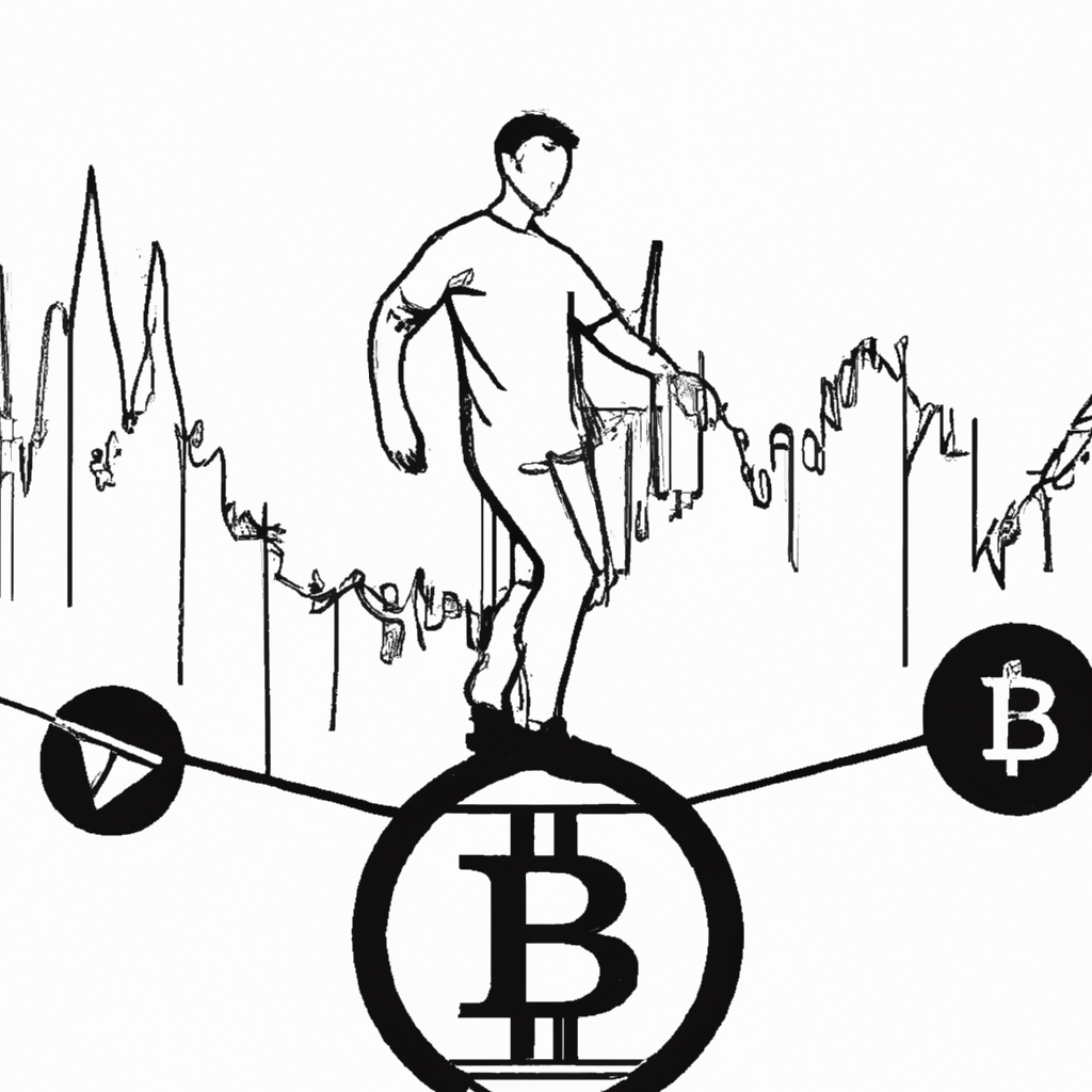 A person standing confidently on a tightrope with cryptocurrency symbols and charts in the background.