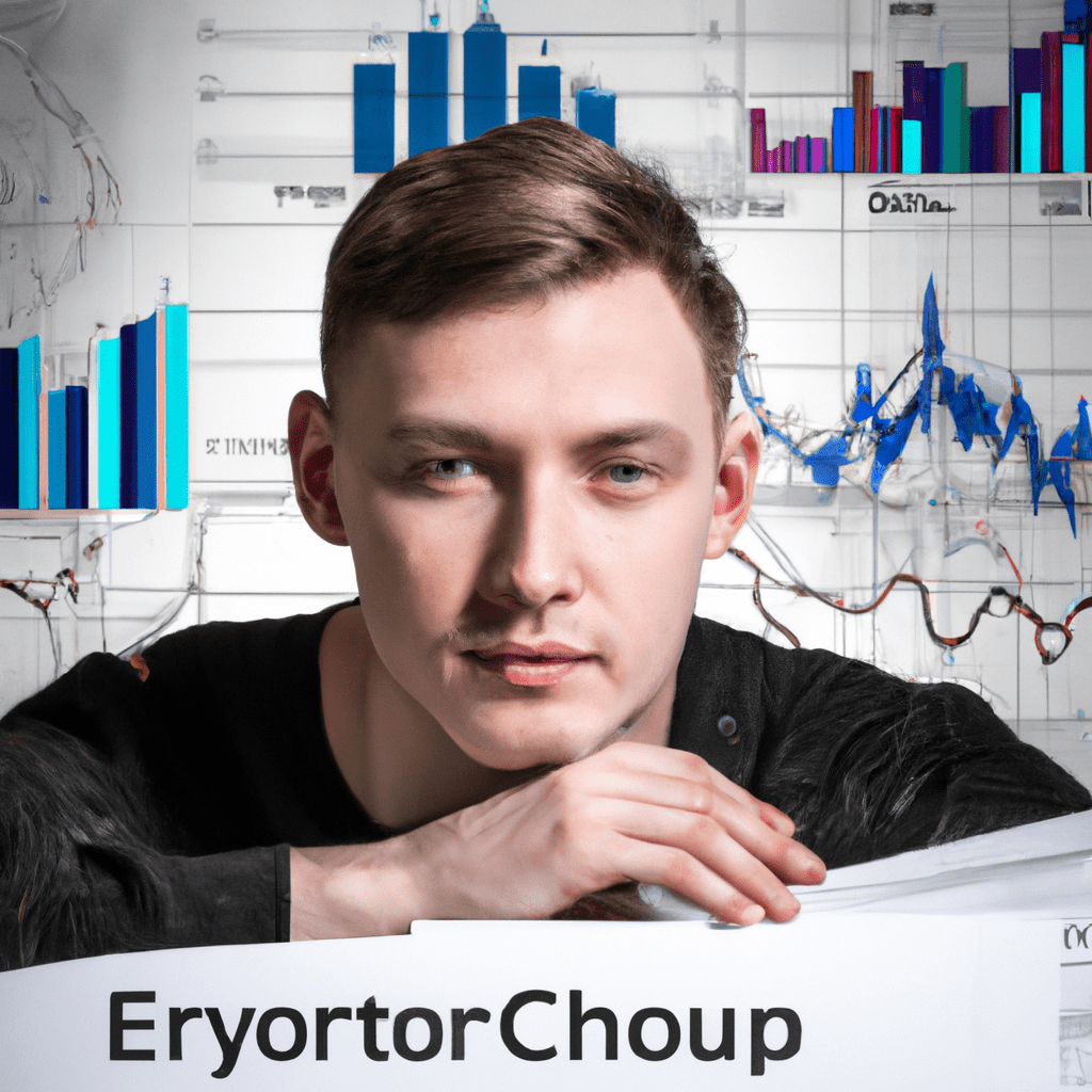 A person surrounded by charts and graphs, analyzing cryptocurrency trends and news.