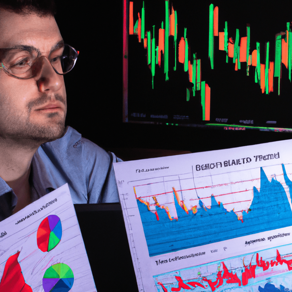 A person surrounded by cryptocurrency charts and graphs, studying and analyzing the market.
