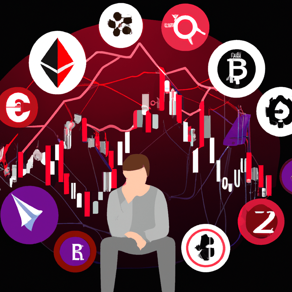 A person surrounded by cryptocurrency symbols and charts, demonstrating the complexity and intensity of crypto trading.