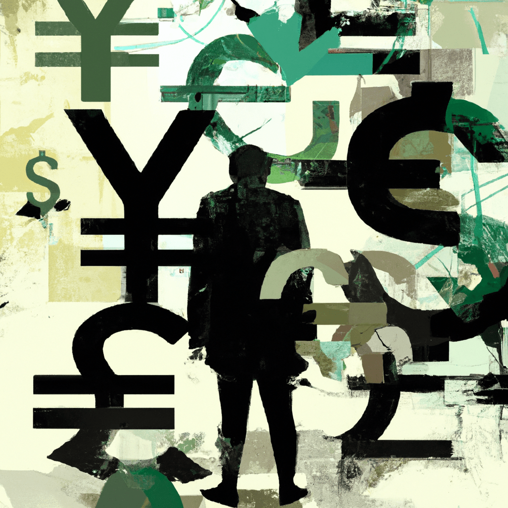 A person surrounded by currency symbols.