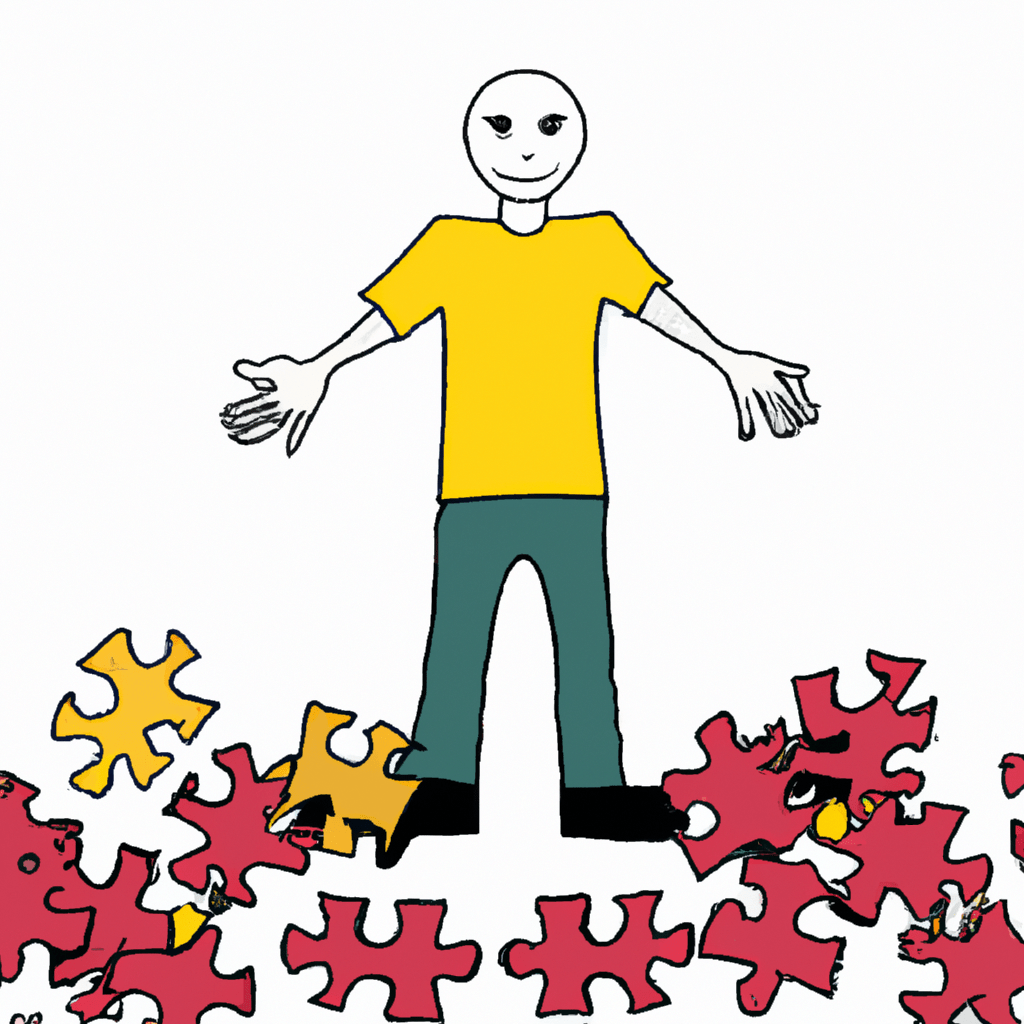 A person surrounded by puzzle pieces.