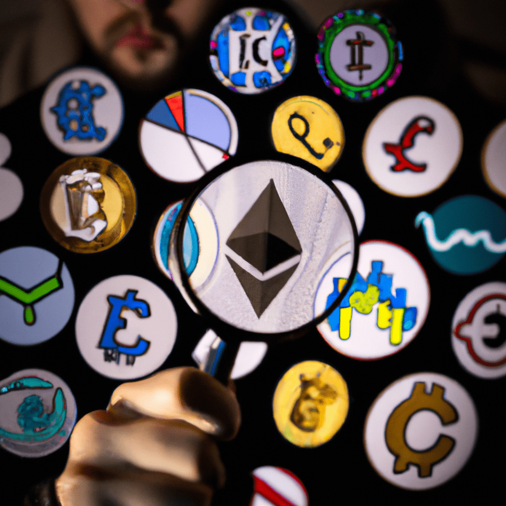 A person surrounded by various cryptocurrency logos and charts, holding a magnifying glass to symbolize staying informed and strategizing in the ever-changing world of crypto trading.