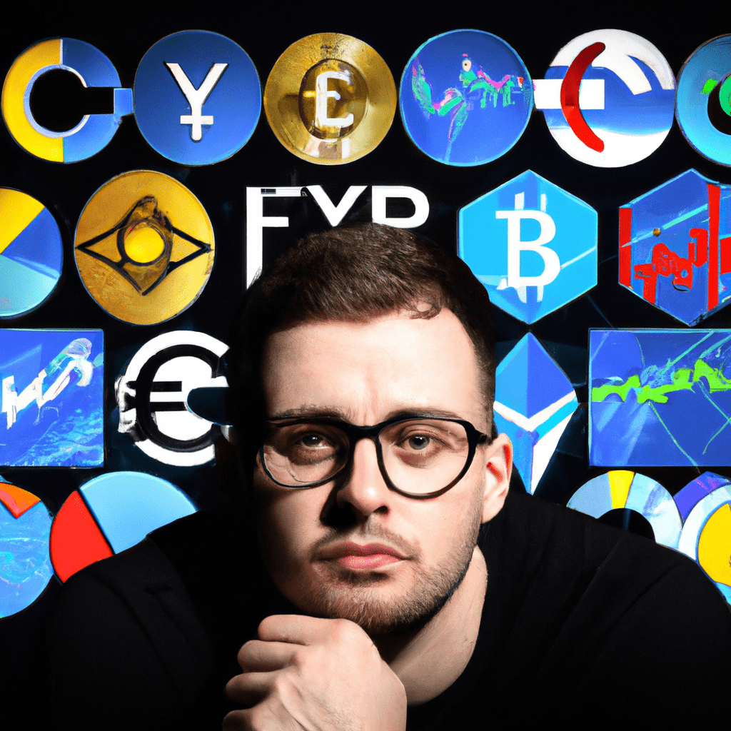 A person surrounded by various cryptocurrency logos and charts, symbolizing the need to stay informed and navigate the crypto market.
