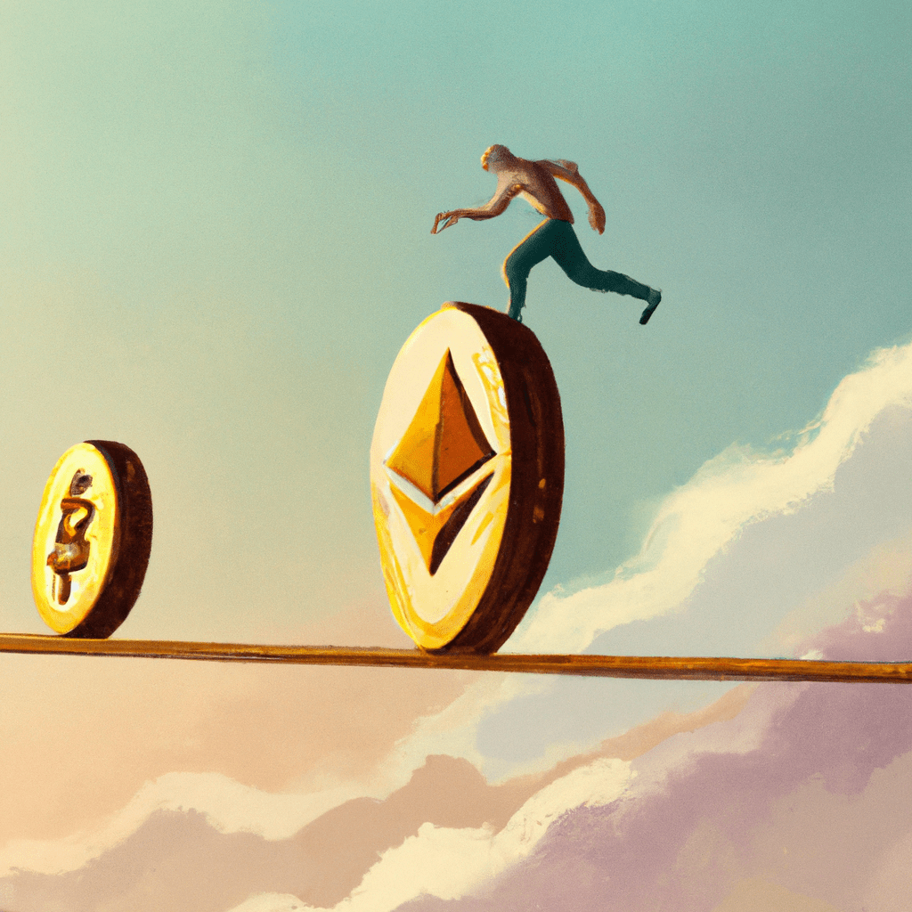 A person walking a tightrope between stacks of Bitcoin and Ethereum coins, representing the potential for high returns and volatility in crypto trading.
