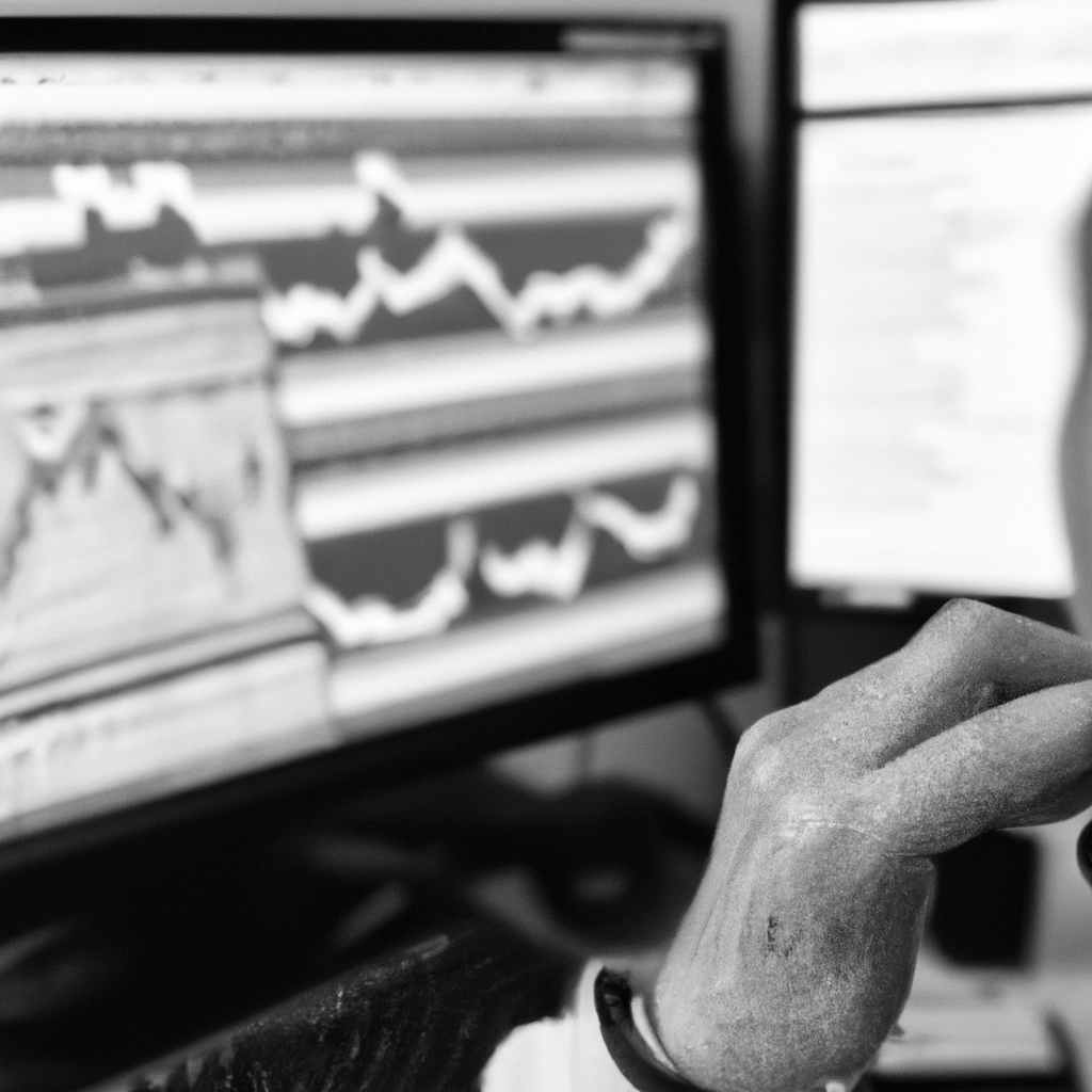 A trader analyzing charts and candlestick patterns on a computer screen, with Fibonacci retracement levels and Elliott Wave Theory displayed in the background.