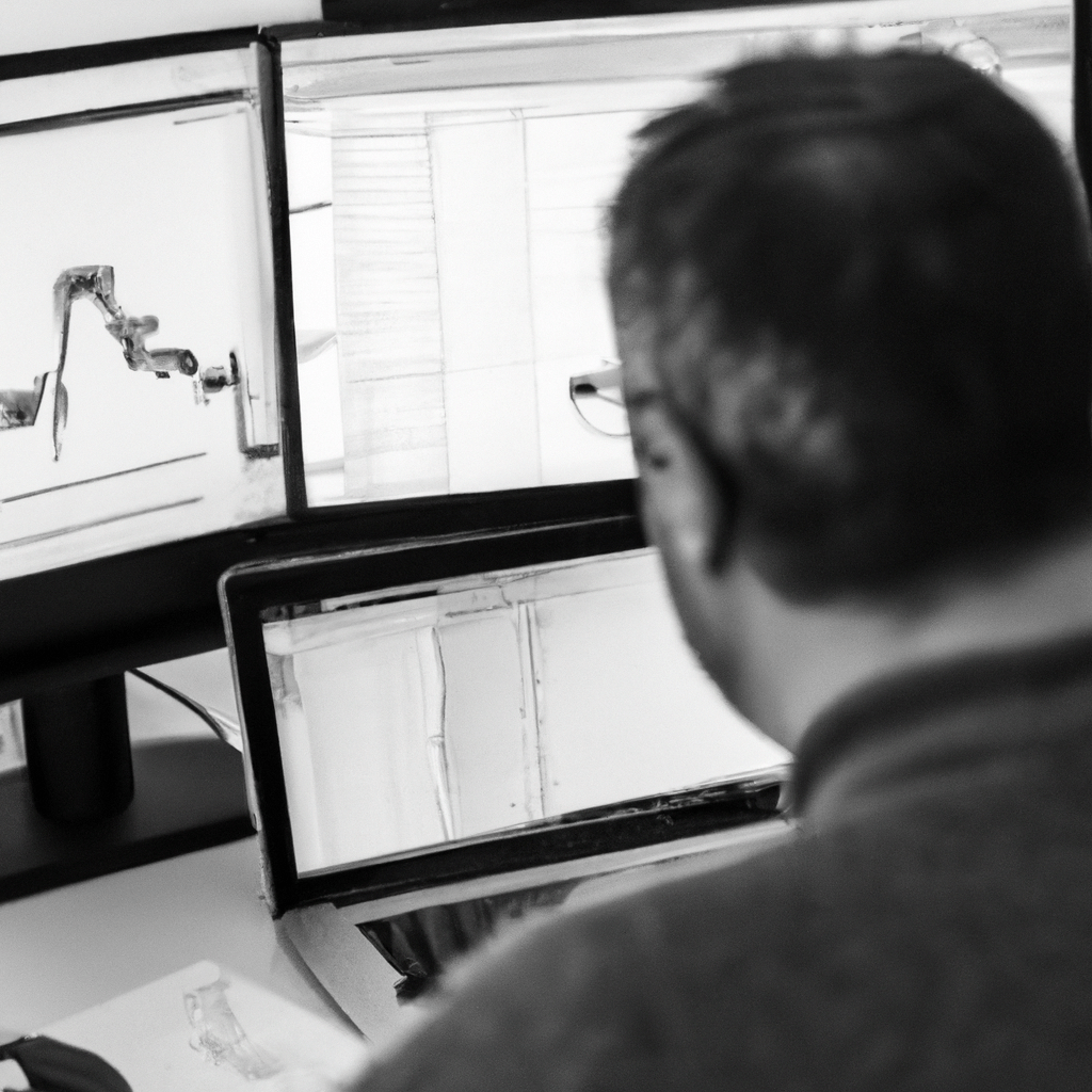 A trader analyzing FXSignals on a computer screen, surrounded by charts and graphs.
