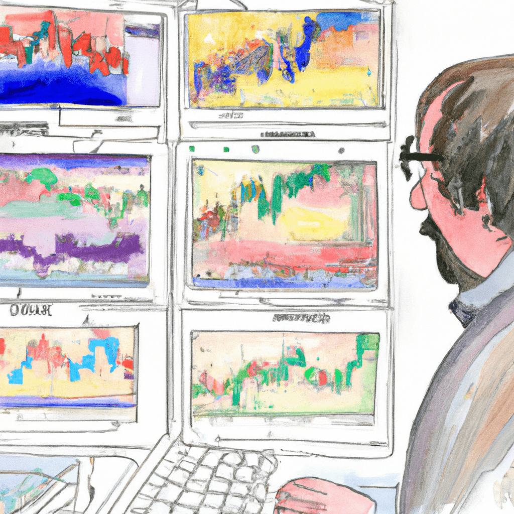 A trader analyzing FXSignals on a computer screen, with various currency charts and indicators displayed.