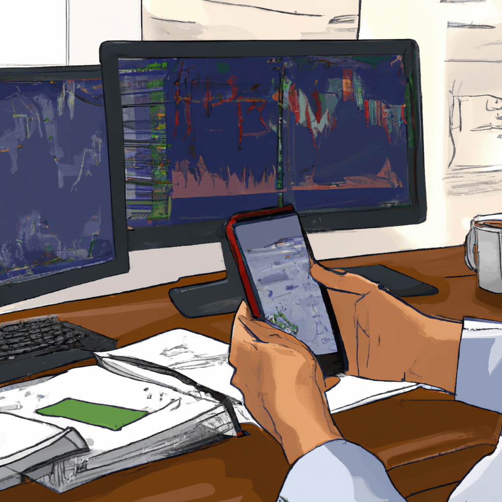 A trader receiving forex signals via a smartphone app while sitting at a computer desk with charts and graphs in the background.